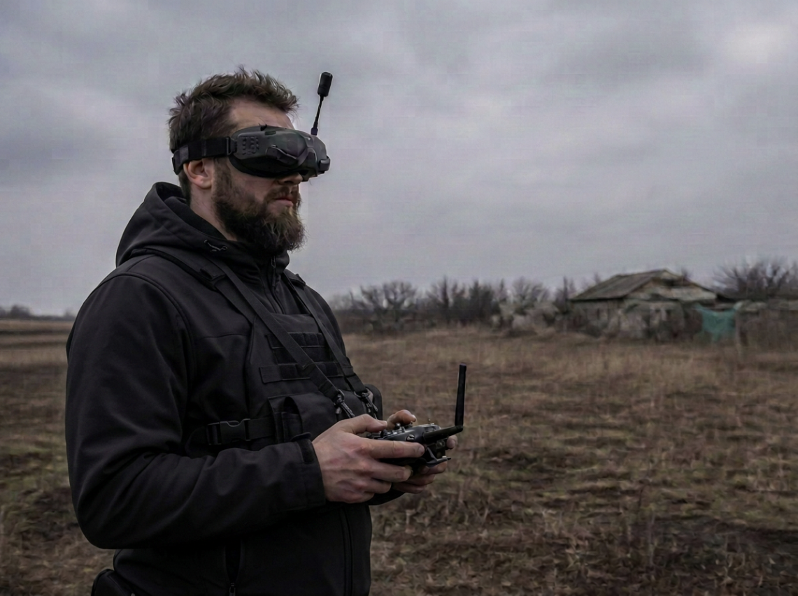 SevHas Systems FPV instructor wearing goggles and holding a controller