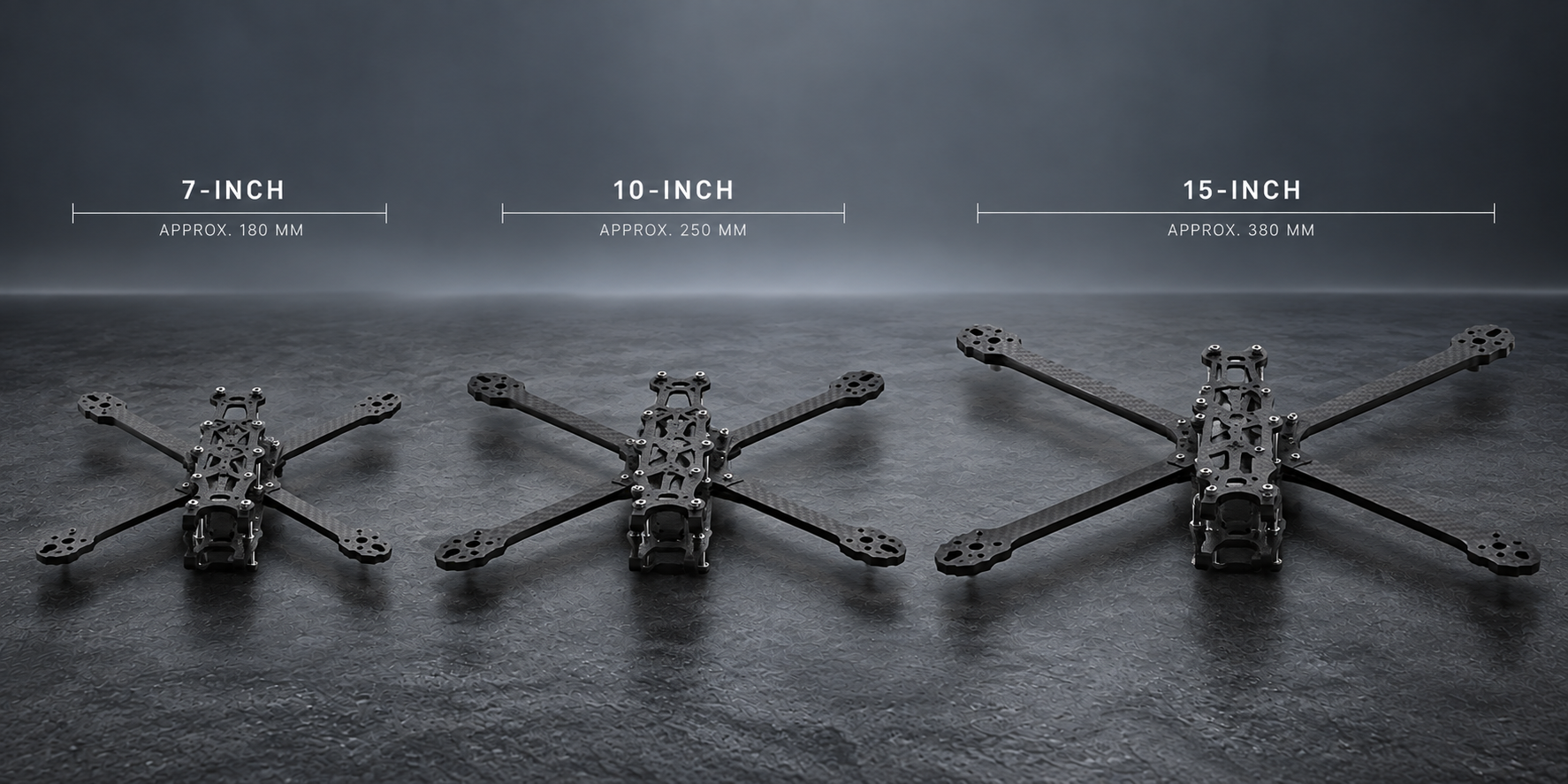 SevHas Systems 7-inch, 10-inch and 15-inch FPV quadcopter frames side by side